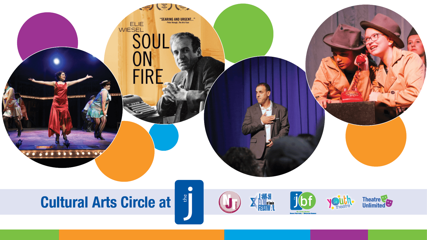 Collage of cultural arts programs. Cultural Arts Circle at the J: NJT, St. Louis Jewish Film Festival, Jewish Book Festival & Speaker Series, Theatre Unlimited